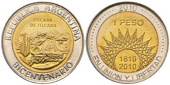 Аргентина 1 песо 2010 200 лет Аргентине - развалины крепости Пукара около г. Тилькара KM 159 биметалл UNC 4620-645