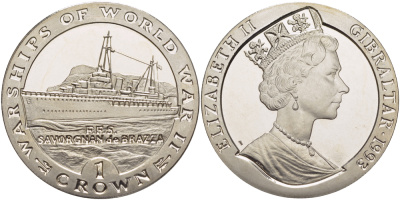 Гибралтар 1 крона 1993 серия военные корабли второй мировой войны, F.F.S. SAVORGNAN de BRAZZA французский корабль KM 144 медно-никель BUNC 1084-9-34