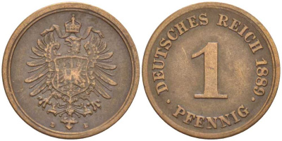 ГЕРМАНИЯ 1 ПФЕННИГ 1889 D, СТАРОГЕРБОВКА KM 1, J. 1, Weege 1 медь 206-138