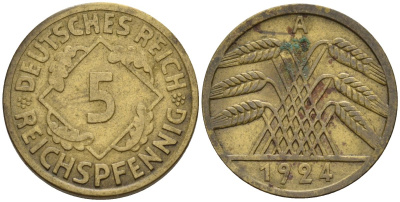 Германия 5 рейхспфеннигов 1924 A KM 39, J. 316 алюминиевая бронза 4151-713