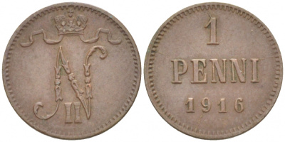 РОССИЯ ДЛЯ ФИНЛЯНДИИ 1 ПЕННИ 1916 НИКОЛАЙ II (1895-1917) KM 13, Биткин 476 медь 211-1038