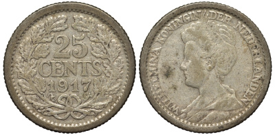 Нидерланды 25 центов 1917 Вильгельмина (1890-1948) KM 146 серебро 443-532