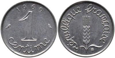 ФРАНЦИЯ 1 САНТИМ 1969 KM 928 хромированная сталь 99-1112