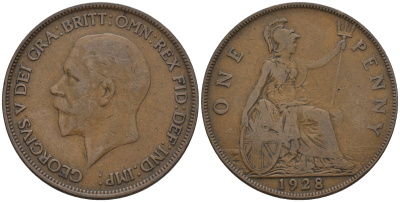 Великобритания 1 пенни 1928 Георг V (1910-1936) КМ 826, Spink 4054 бронза 4607-1223