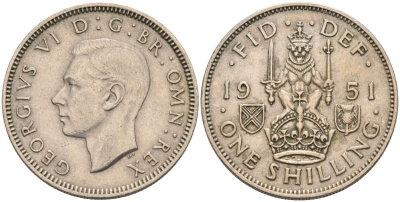 Великобритания 1 шиллинг 1951 Георг VI (1936-1952), Шотландский герб KM 877, Spink 4109 медно-никель 4126-417