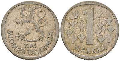 Финляндия 1 марка 1966 S KM 49 серебро 4579-1245