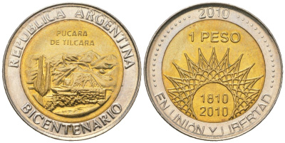 Аргентина 1 песо 2010 200 лет Аргентине - развалины крепости Пукара около г. Тилькара KM 159 биметалл UNC 4620-645