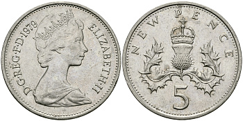 Великобритания 5 пенсов 1979 Елизавета II (1952-2022) KM 911, Spink 4233 (D1) медно-никель 94-531
