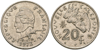 Французская Новая Каледония 20 франков 1972 три быка, (IEOM) KM 12, Schoen 14, Lec 106 никель 4120-323
