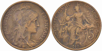 ФРАНЦИЯ 5 САНТИМОВ 1916 ТИП ДАНИЭЛЬ ДЮПЮИ KM 842, LE FRANC 119.28 бронза 108-955