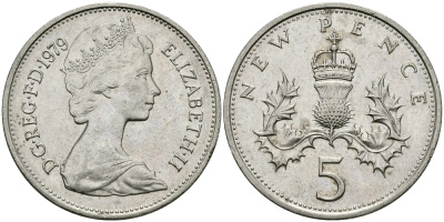 Великобритания 5 пенсов 1979 Елизавета II (1952-2022) KM 911, Spink 4233 (D1) медно-никель 94-531