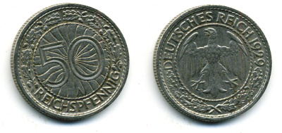 Германия 50 рейхспфеннигов 1929 А KM 49, J. 324 никель 58-545