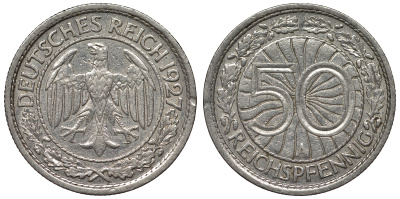 Германия 50 рейхспфеннигов 1927 A KM 49, J. 324 никель 4121-757