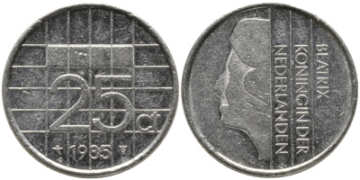 НИДЕРЛАНДЫ 25 ЦЕНТОВ 1985 БЕАТРИКС KM 204 никель 96-1258