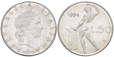 Италия 50 лир 1994 R, бог огня Вулкан у наковальни KM 95.2 нержавеющая сталь 4528-115