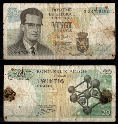Бельгия 20 франков 1964 Pick 138 (3) бумага 7221-49-3-1