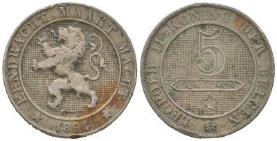 Бельгия 5 сантимов 1894 DER BELGEN, Альберт I (1909-1934) KM 41 медно-никель 4617-611