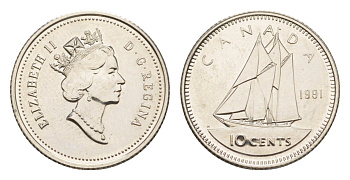 Канада 10 центов 1991 Елизавета II (1952-2022), парусник KM 183 никель UNC 4639-654
