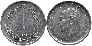Турция 1 лира 1963 Мустафа Кемаль Ататюрк KM 889а.1 нержавеющая сталь 4541-1227