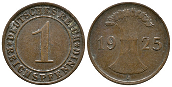 ГЕРМАНИЯ 1 РЕЙХСПФЕННИГ 1925 J KM 37, J. 313 бронза 4380-1131