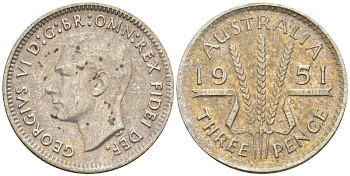 Австралия 3 пенса 1951 m, Георг VI (1937-1952) KM 44 серебро 4115-158