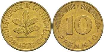 ФРГ 10 ПФЕННИГОВ 1978 D KM 108, J. 383 сталь плакированная латунью 219-521
