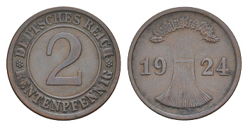 Германия 2 рентенпфеннига 1924 J KM 31, J. 307 бронза 4644-1057