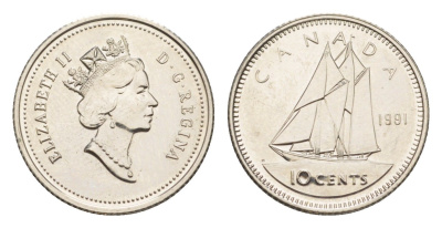 Канада 10 центов 1991 Елизавета II (1952-2022), парусник KM 183 никель UNC 4639-654