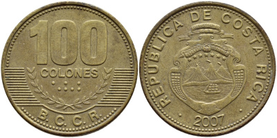 КОСТА-РИКА 100 КОЛОН 2007 B.C.C.R. KM 240а сталь плакированная латунью 59-425