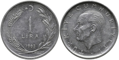 Турция 1 лира 1963 Мустафа Кемаль Ататюрк KM 889а.1 нержавеющая сталь 4541-1227