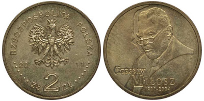 Польша 2 злотых 2011 Чеслав Милош (1911-2004) KM 785 латунь 111-445