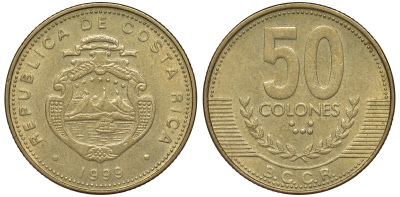 Коста-Рика 50 колонов 1999 B.C.C.R., год тип KM 231.1 латунь 62-1247