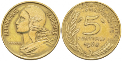 ФРАНЦИЯ 5 САНТИМОВ 1968 ТИП MARIANNE KM 933, LE FRANC 125.4 алюминиевая бронза 112-834