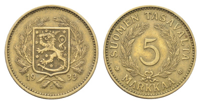 Финляндия 5 марок 1933 KM 31 алюминиевая бронза 4706-733