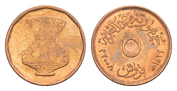 Египет 5 пиастров 2008 KM 941a сталь плакированная медью 4647-1126