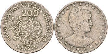 Бразилия 200 рейс 1901 голова свободы вправо KM 504 медно-никель 4589-1117