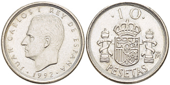 ИСПАНИЯ 10 ПЕСЕТ 1992 ХУАН КАРЛОС I ( 1975-) KM 903 медно-никель XF 4181-1125