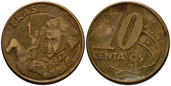 Бразилия 10 сентаво 2007 KM 649.2 сталь плакированная латунью 219-1124
