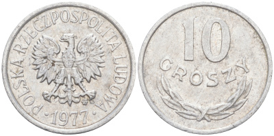 ПОЛЬША 10 ГРОШЕЙ 1977 MW KM АА47 алюминий 187-916