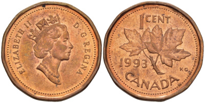 Канада 1 цент 1993 Елизавета II (1952-2022), кленовый лист KM 181 бронза 35-124