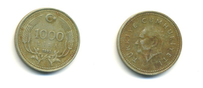 Турция 1000 лир 1993 Кемаль Ататюрк KM 997 медь цинк никель 54-1332