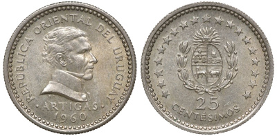 Уругвай 25 сентесимо 1960 KM 40 медно-никель 4169-1043