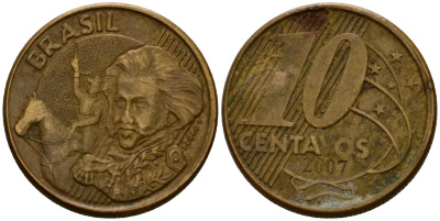 Бразилия 10 сентаво 2007 KM 649.2 сталь плакированная латунью 219-1124