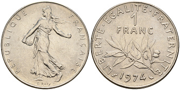 Франция 1 франк 1974 сеятель KM 925.1 никель    UNC  4603-125