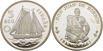 Испания 5 экю 1993 Хуан Карлос I (1913-1993), парусник, в оригинальной деревянной коробке, с сертификатом  серебро  PROOF  4-3-1-14