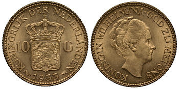 Нидерланды 10 гульденов 1933 Вильгельмина KM 162 золото UNC 00-000-00