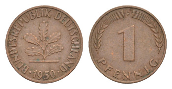 ФРГ 1 пфенниг 1950 F KM 105, J.380 сталь плакированная медью 4630-844
