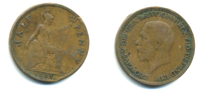 Великобритания 1/2 пенни 1931 Георг V (1910-1936) KM 837, Spink 4058 бронза 4383-956