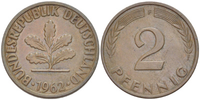ФРГ 2 ПФЕННИГА 1962 F KM 106, J. 381 бронза 4181-729