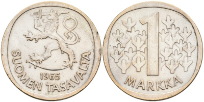 Финляндия 1 марка 1965 S KM 49 серебро 4563-455
